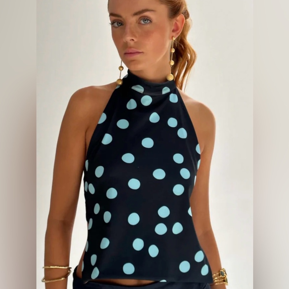 Stylish Black and Blue Polka Dot Halter Top